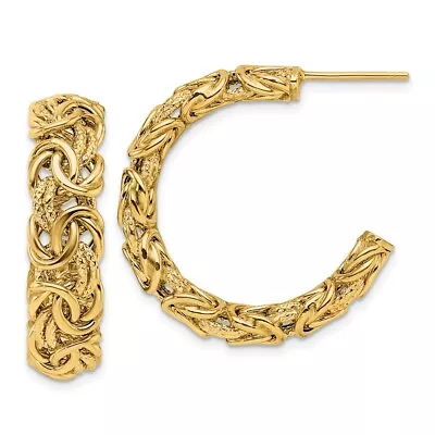 18k Yellow Gold Polished And Textured Byzantine J-Hoop Earrings For Women 6.65g • $1168