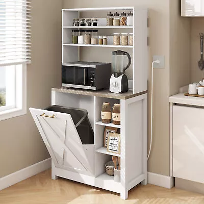 Kitchen Bakers Rack With Trash Can Bin Cabinet & Power Outlet Microwave Stand • $115.99