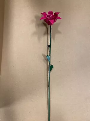 All Steel Magenta Rose Flower Home Garden Stake Yard Art Lawn22  Tall With Jewel • $7.25