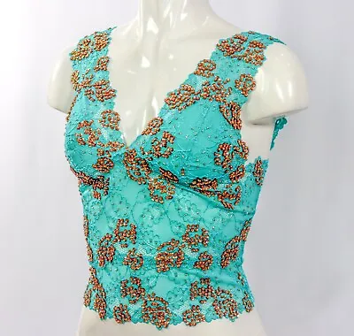 Sequined Beaded Green Lace Top Blouse Cami Hand Decorated With Bronze Sequins • $39.99