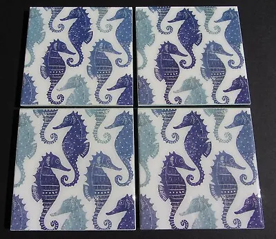 Gisela Graham White Blue Jade Wood Nautical Seahorse Drink Coaster Place Mat 4 • £17.99