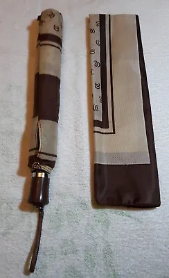 Vintage 1970's Etienne Aigner Logo Chocolate And Beige Umbrella With Scarf Set • $39.49
