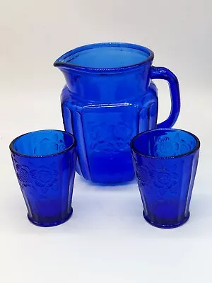 Anchor Hocking Glass Cobalt Blue Mayfair Open Rose 3 Piece Pitcher Set • $25