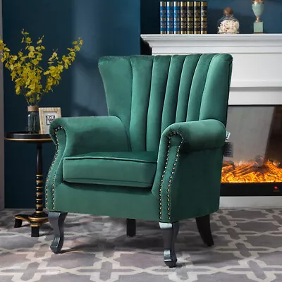 Chesterfield Velvet Sofa Wingback Studded Armchair Soft Queen Anne Chair Bedroom • £169.95