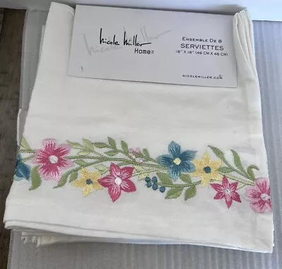 NICOLE MILLER HOME Set Of 8 Embroidered Spring Floral Cotton Napkins 18X18 NEW • $44