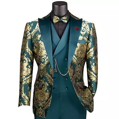 VINCI Men's Emerald & Gold Modern Fit 3pc Tuxedo Suit W/ Matching Bow-Tie NEW • $160