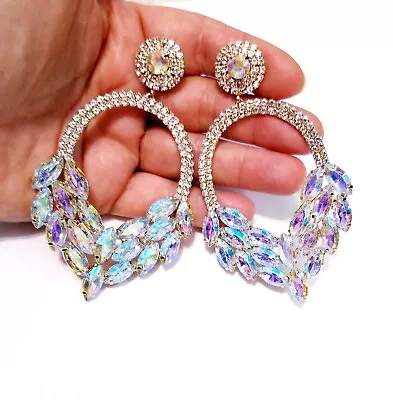 CLIP On Drop Dangle Chandelier Earrings 4 Inch AB Rhinestone Pageant Prom • $45.99