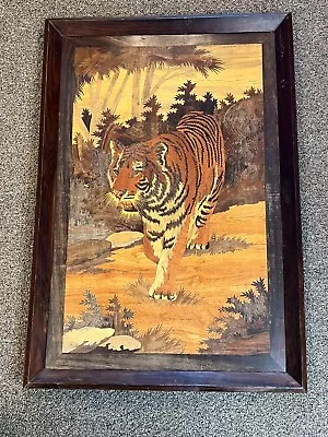 Vintage Marquetry Wood Inlay Wall Art Of Tiger In The Jungle 26  X 38  • $1414