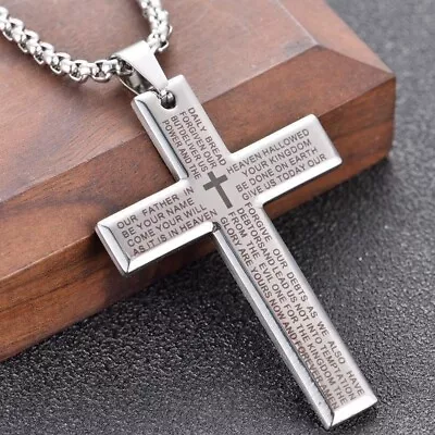 Cross Pendant Necklace For Men Boys Stainless Steel Lord's Prayer Bible Chain • $0.99