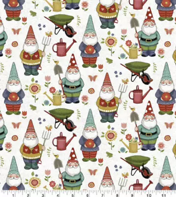 Garden Gnomes On White Cotton Fabric By The Yard Free Ship US • £11.81