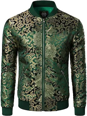 JOGAL Men's Luxury Paisley Floral Embroidered Satin Bomber Jacket • $111.51