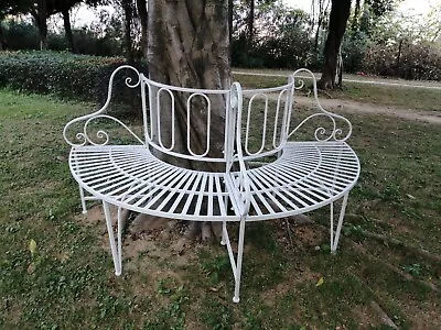 Metal Garden Bench Semi-Circle White Tree Wrap Chair Garden Decor Seat • $279.75