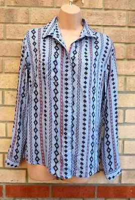 Oasis Blue Tribal Aztec Buttoned Long Sleeve Shirt Top Blouse 8 10 S • $18.48