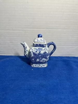 Vintage Blue & White Miniature Square Tea Pot With Lid Oriental Teapot Floral • $9.99