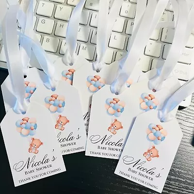10 X Personalised Baby Shower Tags Gift Tags Thank You Tag Balloons Blue Favours • £2.49