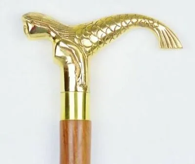 Solid Brass Mermaid Head Handle Cane Rose Wood Walking Stick Style Antique Gift  • $36.49