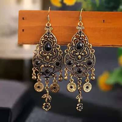 Gorgeous Women Ancient Gold Bohemian Earrings Carved Baroque Royal Flowers 1501 • $9.99