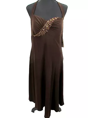 NWT SANGRIA Maxi Halter Evening Dress Women 16 Brown Embellished Beaded Flowy • $19.98