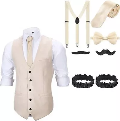 Roaring 20s Male Costume Kit Glasses Suspenders Mustache Garter Bow Tie Clip • $18.89