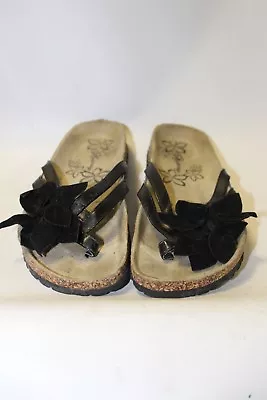 Black Flip Flops Manta-Ray Toe Posts Size 38 UK 5 Flower Ladies Summer Shoes • £12