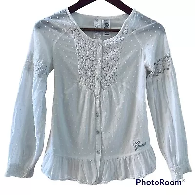 Shirt Blouse Ruffle Peplum Textured White Cotton Girl Sz XL 16 Guess Los Angeles • $11.94