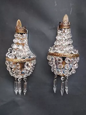 Vintage Pair Of French Empire Brass Crystal 1 Light Sconces Wall Lights • $185