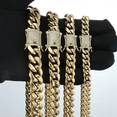 14k Gold Plated Stainless Steel Miami Cuban Link Bracelet Chain With CZ Clasp • $20.45