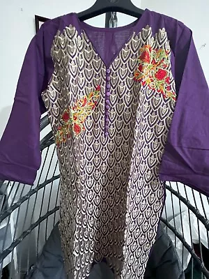 Ladies Purple Cotton Kurta Kameez Top Pakistani Indian Asian Causal Dress Stitch • £5.99