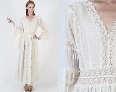 Vtg Off Wht Mexican Pintuck Wedding Dress Bell Angel Sleeve Bridal Ethnic Gown • $212.80