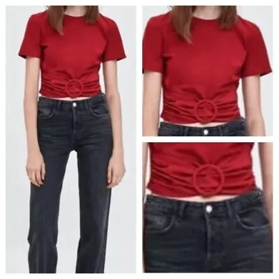 Zara Red Belt Shirt Blouse Crop Top Ruffle T Shirt Summer Holiday UK S 8  • $11.19