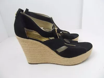 Michael Kors Black Denim Wedge Peep Toe Zip Top Sandals Women's - Size 9M • $34.99