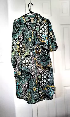 Miss Tina By Tina Knowles Dress/long Tunic Roll-tab Sleeves  Button Up Multi L • $14