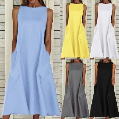 Ladies Tanks Dress Midi Solid Color Vest Long Tops Women 2 Pockets Dresses Daily • £15.99