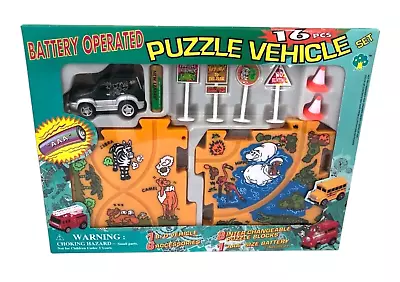 NEW 16 Pc. Battery Operated Puzzle VEHICLE SET Jungle Safari Zoo Car Toy Vintage • $21.85