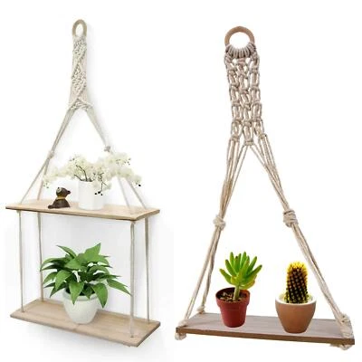 £7.15 • Buy 1/2 Tier Hanging Floating Rope Shelf Wooden Storage Kitchen Wall Boho Decor Gift