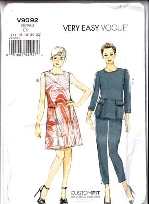 £12.99 • Buy Vogue Sewing Pattern 9092 Dress Top Tapered Trousers 14-22 Easy 1960s Style 60s