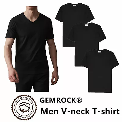 Men 100% Cotton V Neck T Shirt Solid Black Short Sleeve Casual Tee S-4XL Lot • $9.99