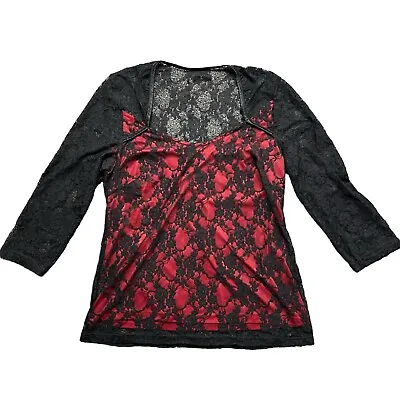 Vintage Y2k Black & Red Lace 3/4 Sleeves Top From Kaleidoscope About A 14  • $24.89