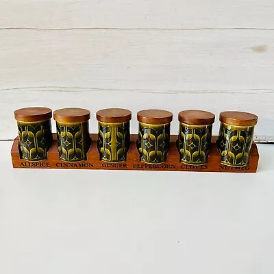 Vintage Hornsea Pottery Green Heirloom Spice Jars On Wooden Rack. 1975 1970s • £40