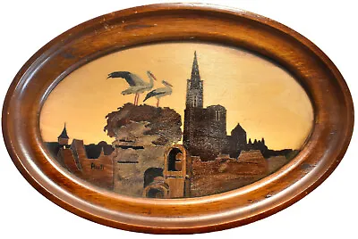 Vtg Signed  Rodi  Swiss Marquetry Faux Marquetry - Valet Tray - Storks Skyline • $75