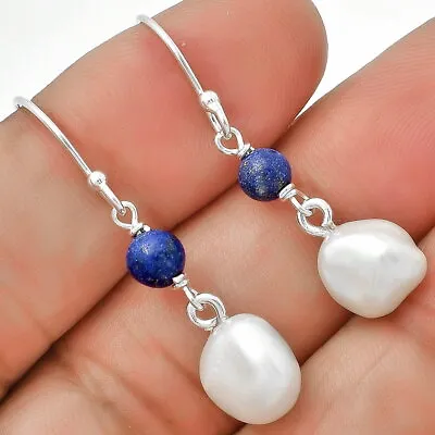 Natural Fresh Water Biwa Pearl & Lapis Lazuli 925 Silver Earrings Jewelry E-1010 • $11.49