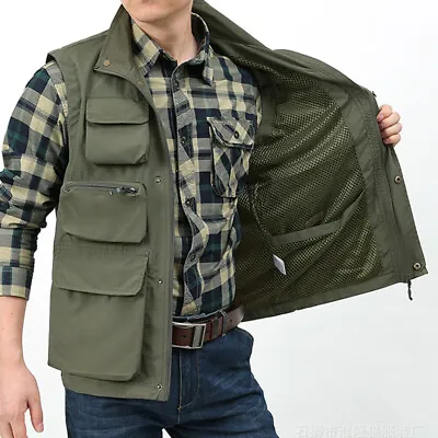 Men Waistcoat Multi Pockets Sleeveless Cargo Jacket Vest Gilet Fishing Tops • $24.45