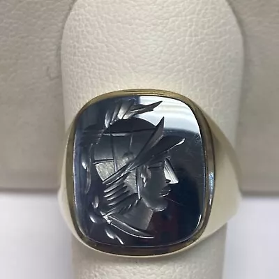 Estate 10k Yellow Gold Hematite Roman Soldier Intaglio Men’s Ring! Size 9.5. • $525