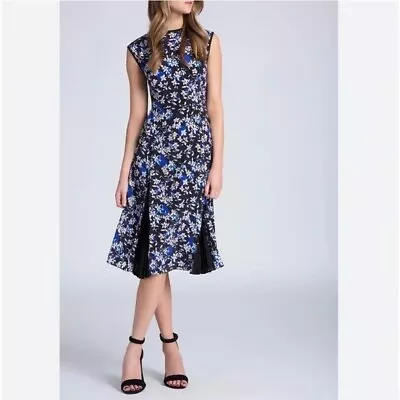 Shoshanna Henry Midi Sleeveless Dress Size 6 100% Silk Blue Black Pleated • $59.99