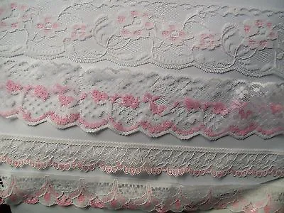 White With Pink Flat Lace   - Choose Width • £1.99