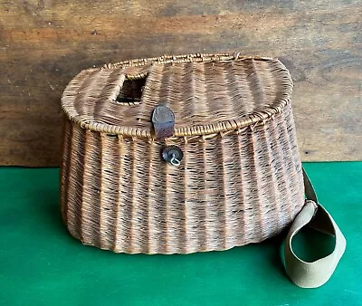 Antique Early FLY FISHING CREEL WICKER BASKET Tightly Woven + Canvas Strap • $52.49