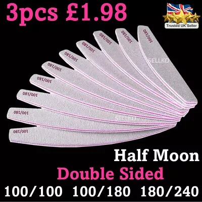 Nail Files 100/180/240 Grit Half Moon Emery Board Buffer File Diamond Curve Set • £0.99