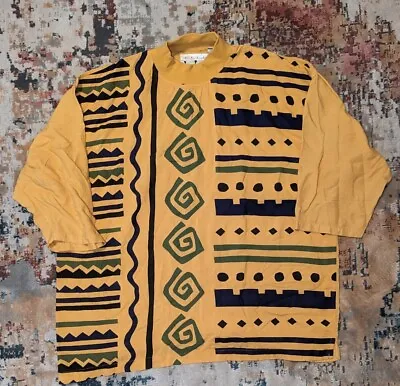 Umen Studio T Shirt Vintage 90s Mock Neck Rayon XL Men's Clean Yellow African • $84.58