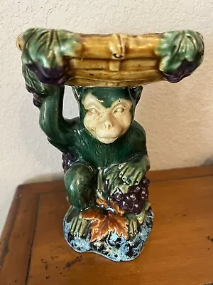 Vintage Majolica Monkey Chimpanzee Pedestal Compote Dish/Bowl/Basket & Grapes  • $69