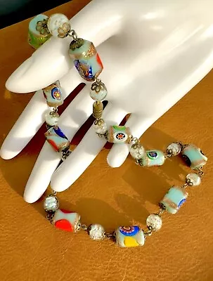 Vintage Venetian Murano Millefiori Aventurine Glass Bead Filigree Cap Necklace • $55